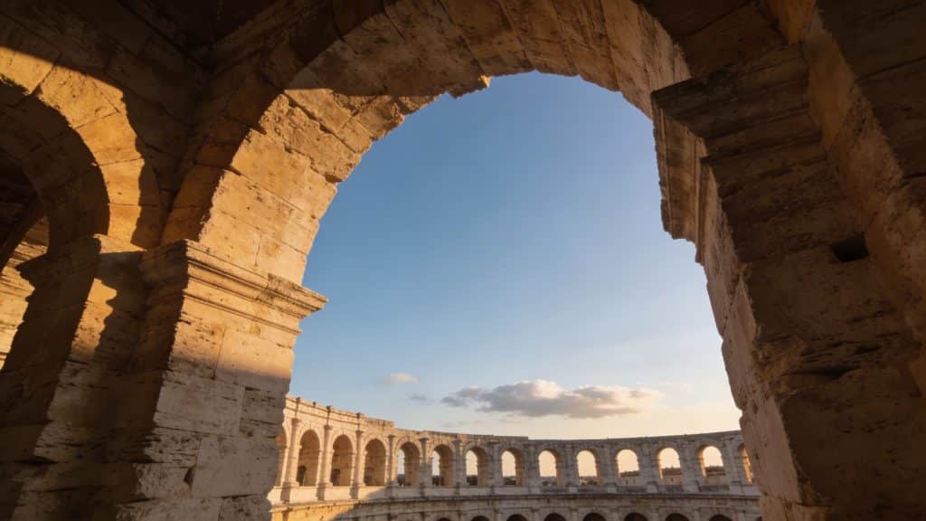 Arènes romaines de Nîmes sous ciel bleu en fin d'après-midi