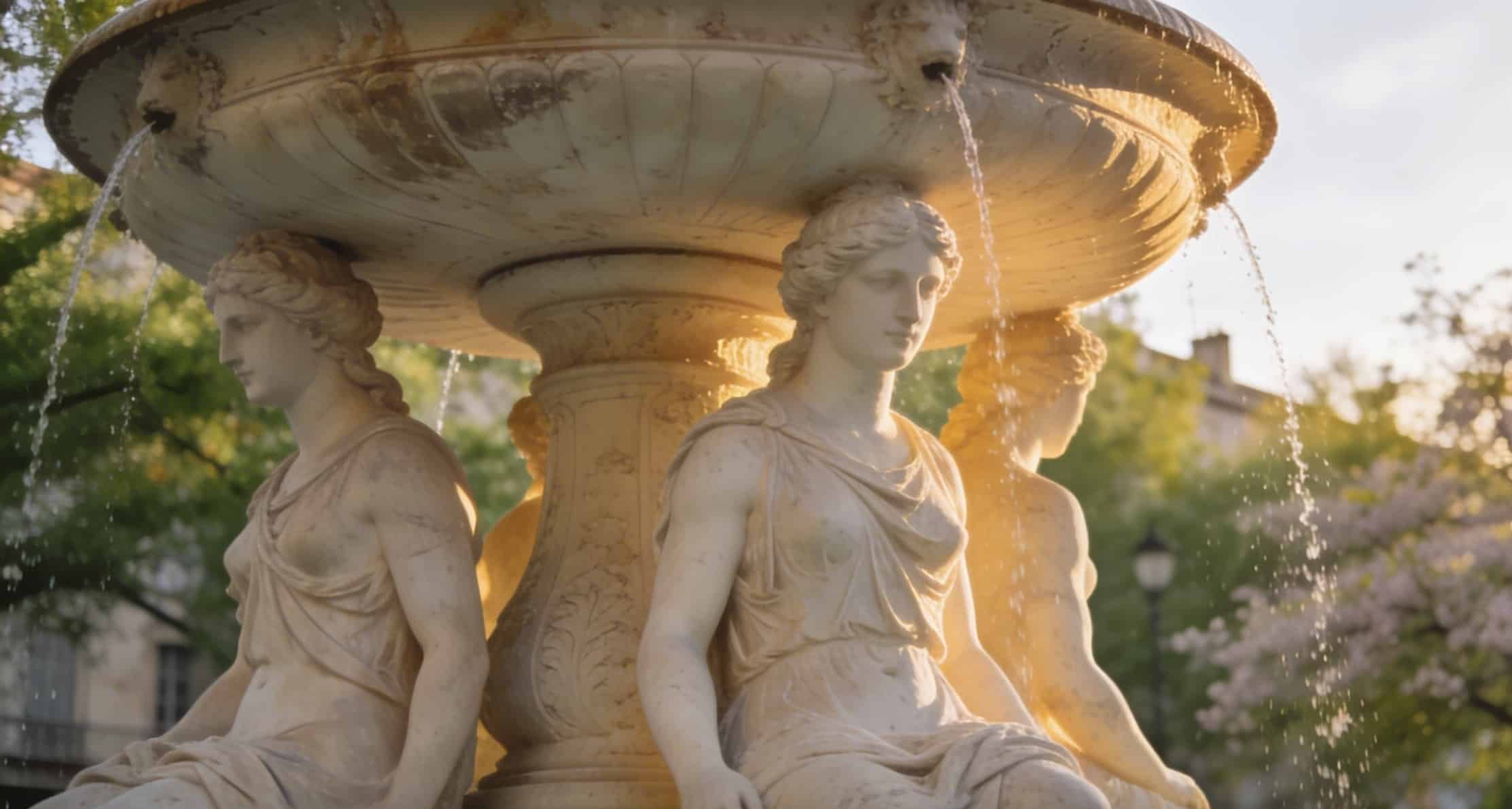 Fontaine des Trois Grâces à Montpellier sous lumière dorée du printemps