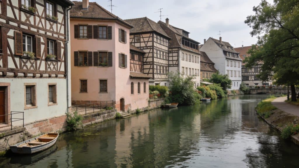 Maisons à colombages de Colmar au bord d’un canal en été