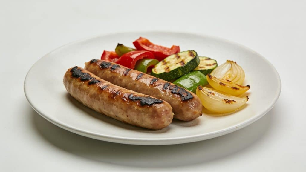 Assiette de saucisses grillees avec legumes colores