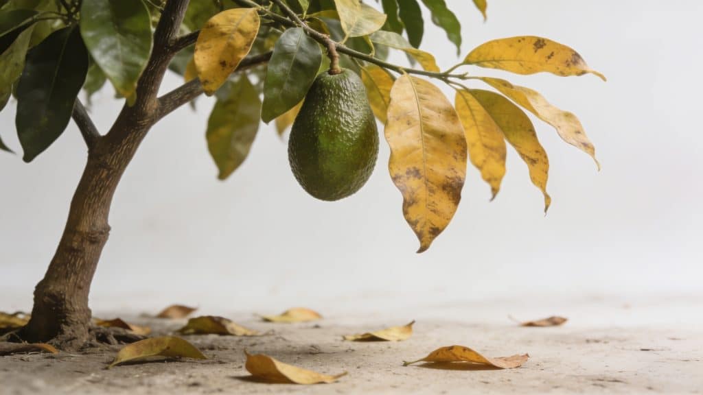 branche davocatier avec feuilles jaunies tombant au sol