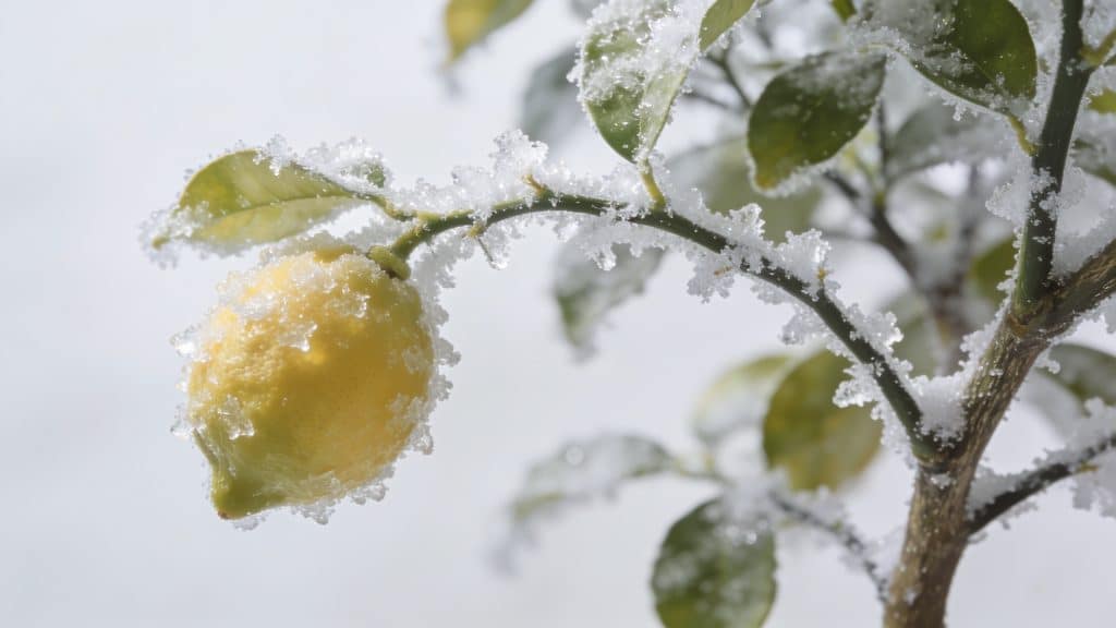 branche de citronnier gele couvert de givre brillant