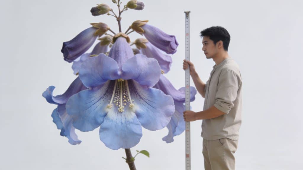 Homme debout mesurant un grand paulownia fleuri