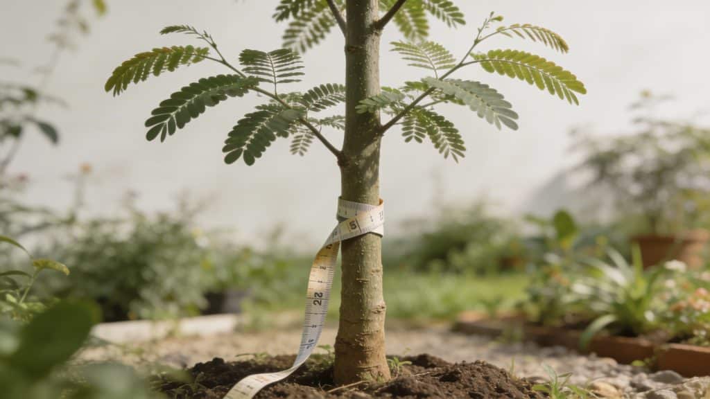 Jeune albizia isole dans jardin avec metre ruban