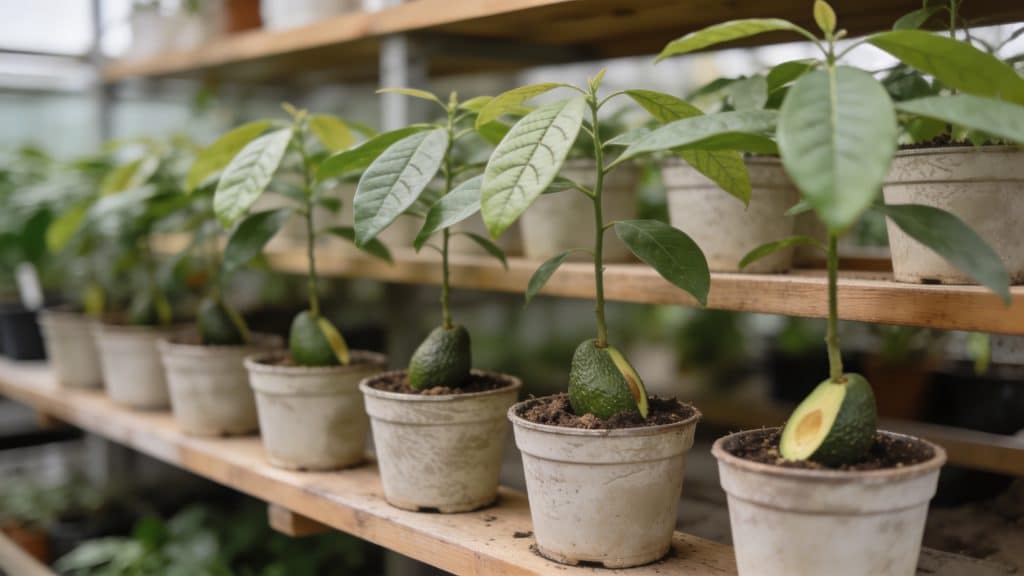 jeune avocatier en pot aligne sur etagere en jardinerie