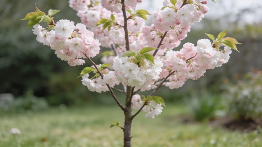 jeune cerisier japonais en fleurs dans jardin