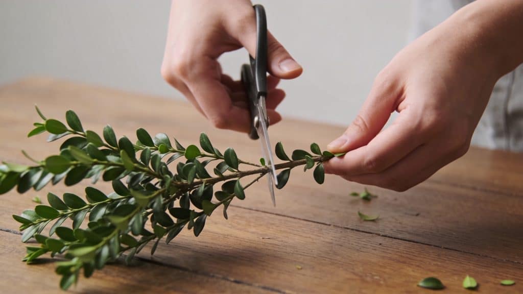 Mains coupant une branche de buis sur table