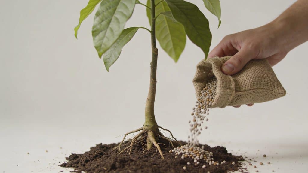 Mains versant engrais au pied dun jeune avocatier
