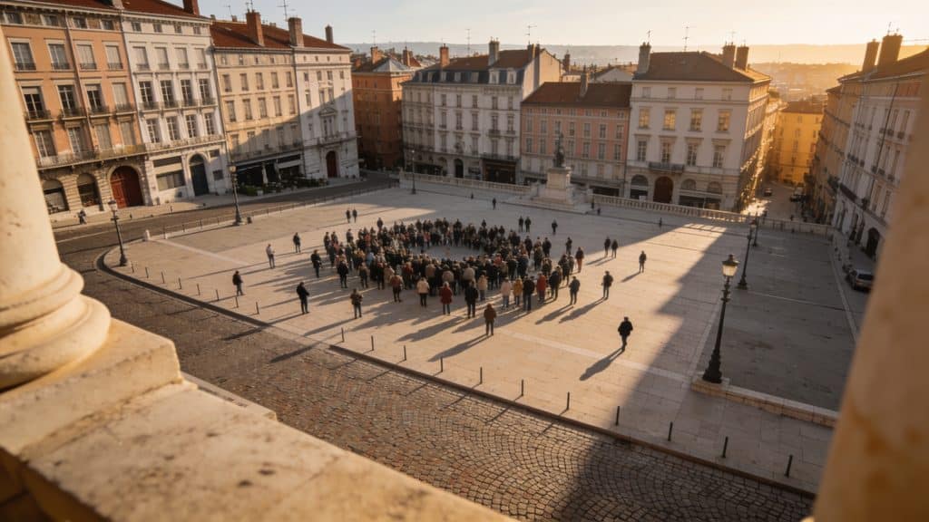 Vue aerienne de Lyon avec foule sur une place