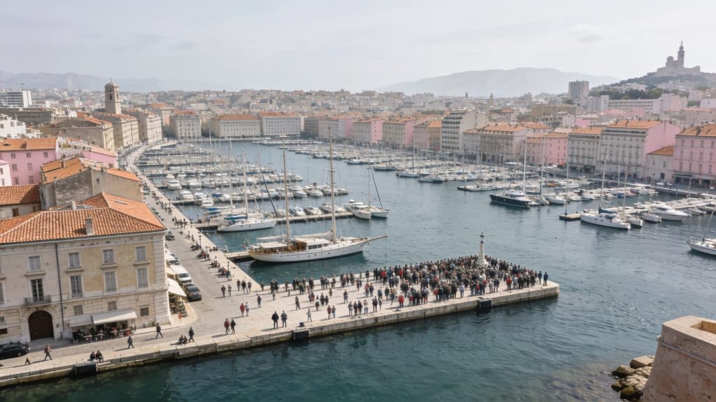 Vue aerienne de Marseille avec foules sur le Vieux Port