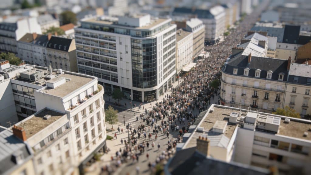 Vue aerienne de Rennes avec immeubles modernes et foule