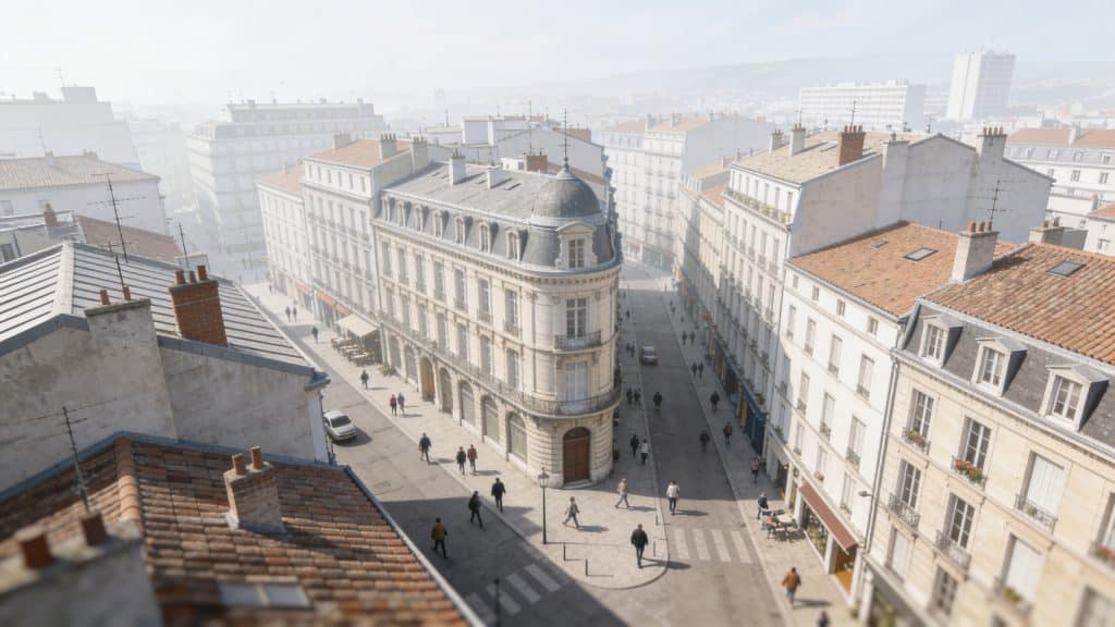 Vue aerienne de Saint Etienne avec immeubles et habitants dans les rues
