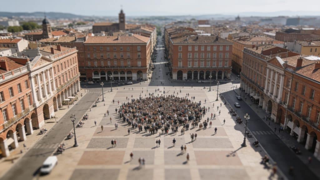 Vue aerienne de Toulouse avec foules sur une place