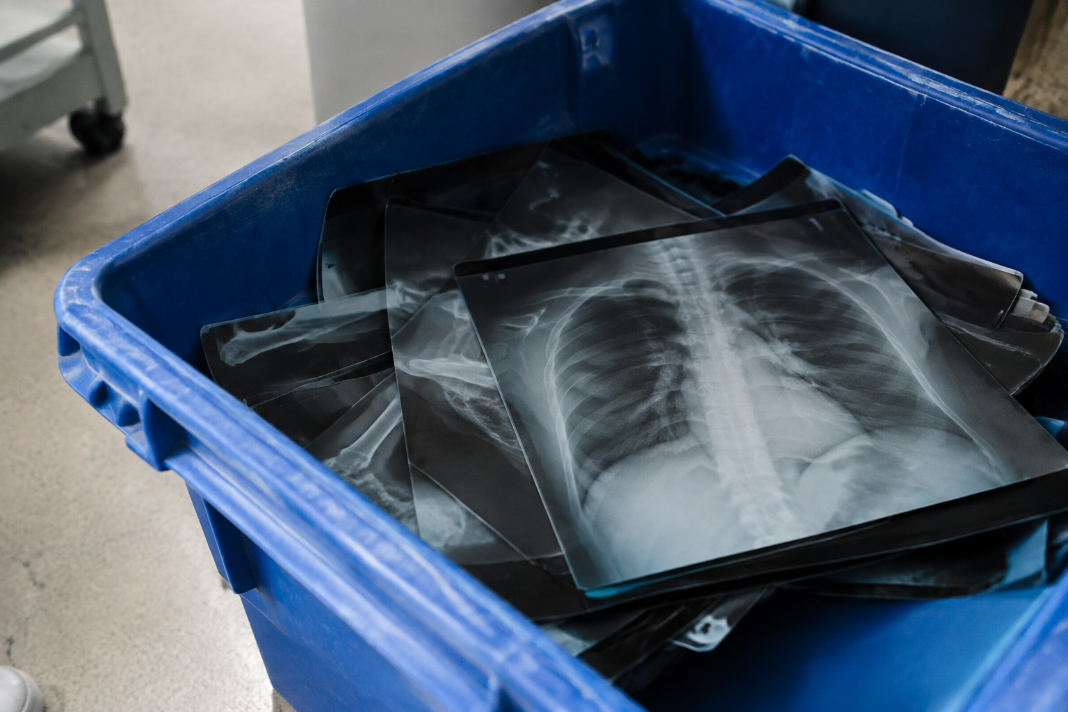 Radiographies X empilees dans un bac de recyclage