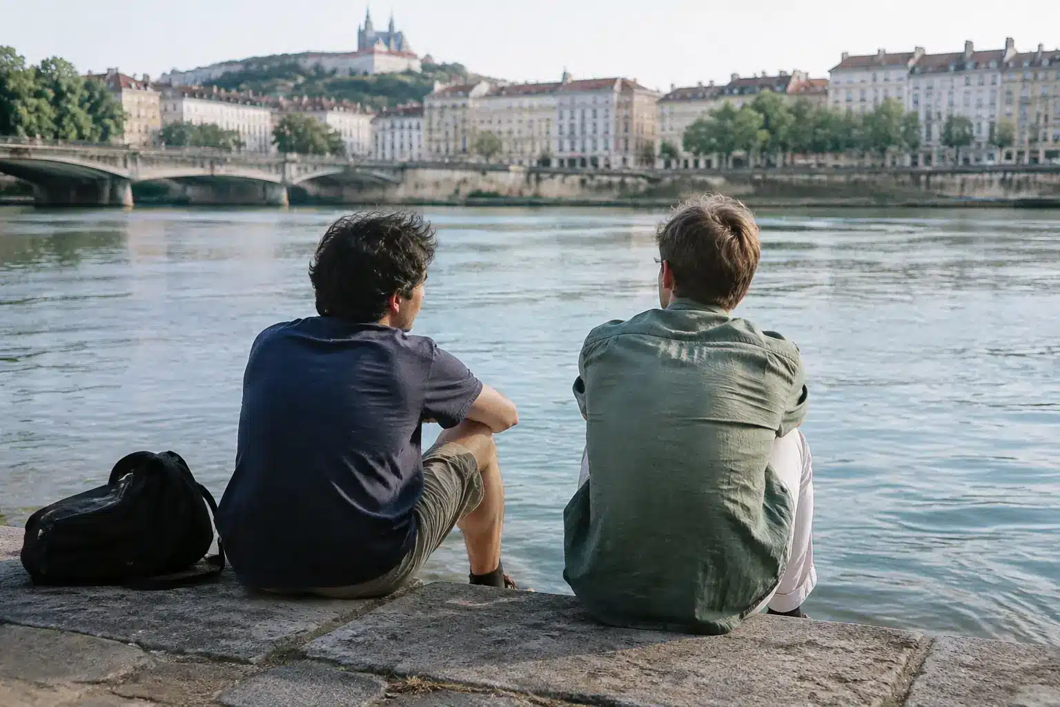 Deux amis assis sur les quais de la Saone