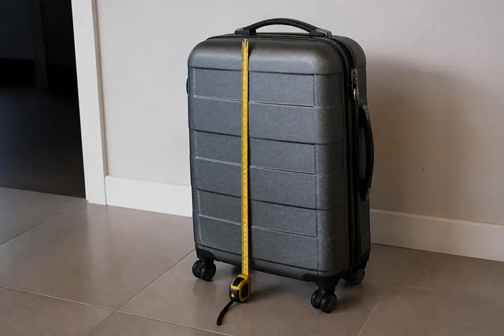 Bagage gris debout sur carrelage, ruban de mesure jaune