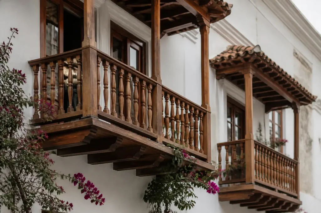 Balcons de bois sur façade coloniale blanche