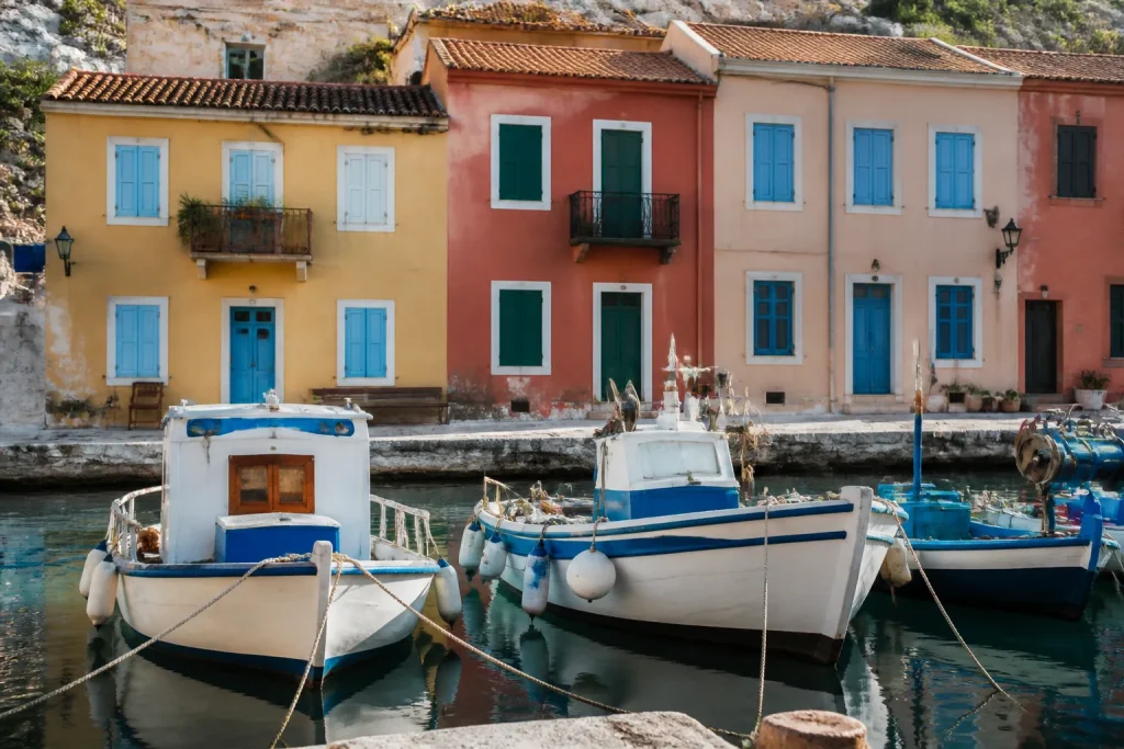Bateaux de peche amarres devant des maisons colorees