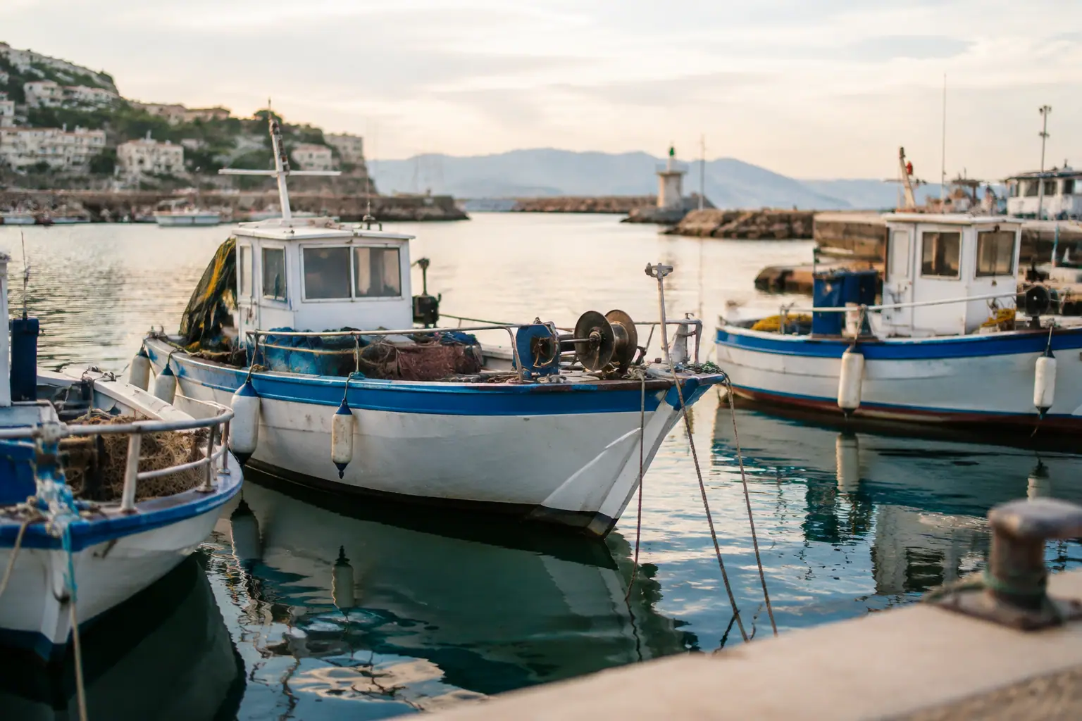 Bateaux de peche amarres dans un port mediterraneen