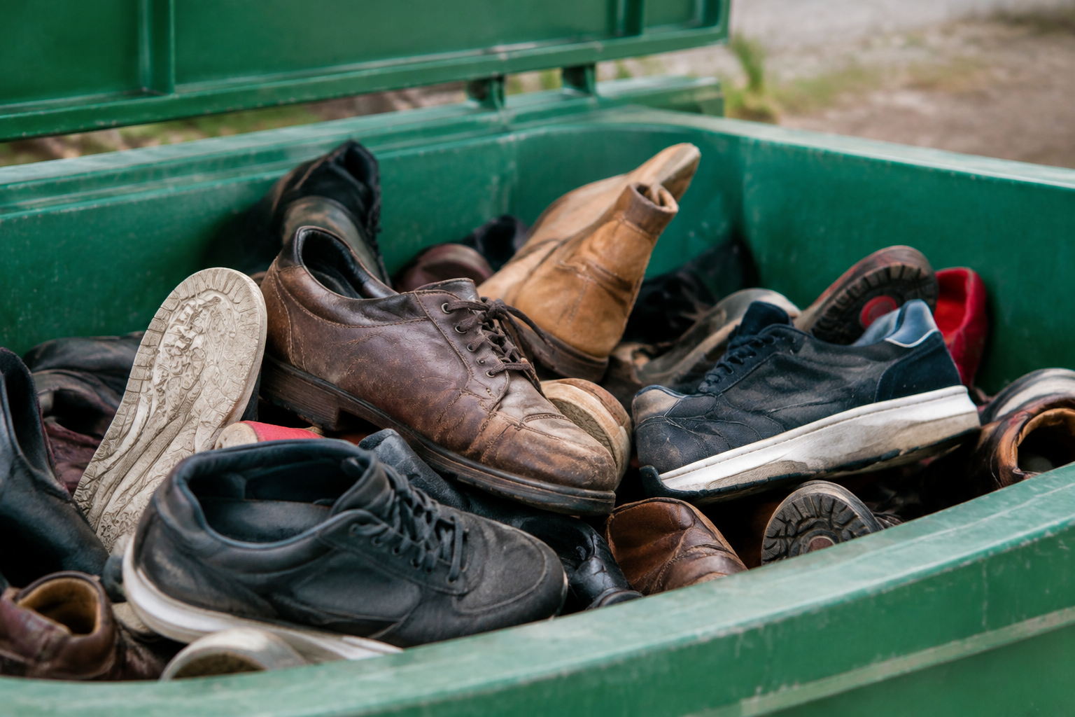 Vieilles chaussures entassees dans bac de tri