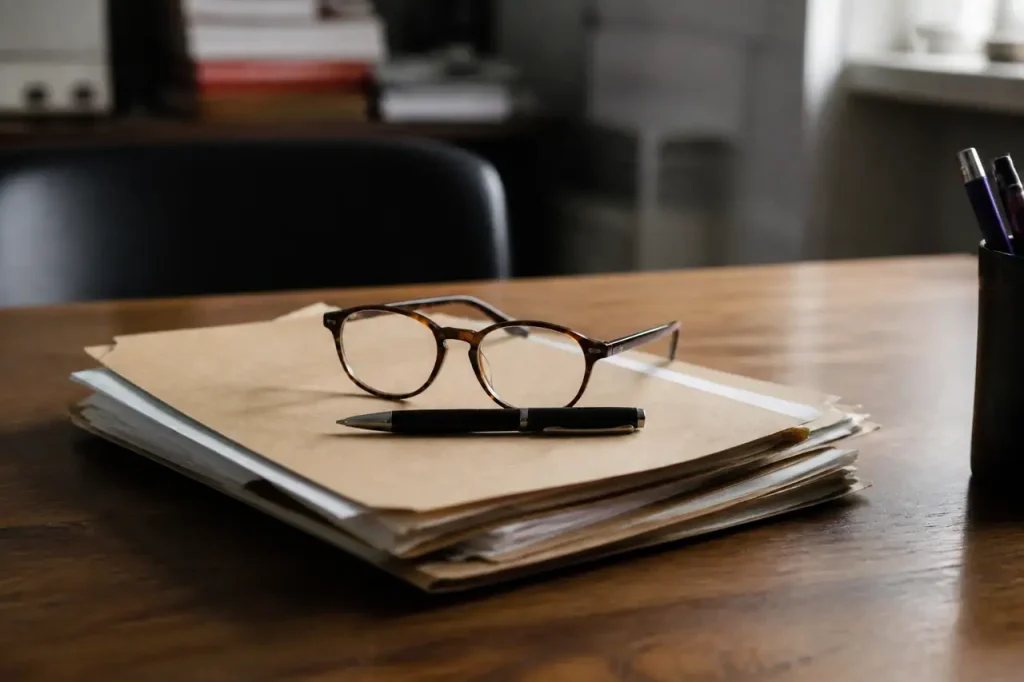 Dossier papier, stylo et lunettes sur bureau