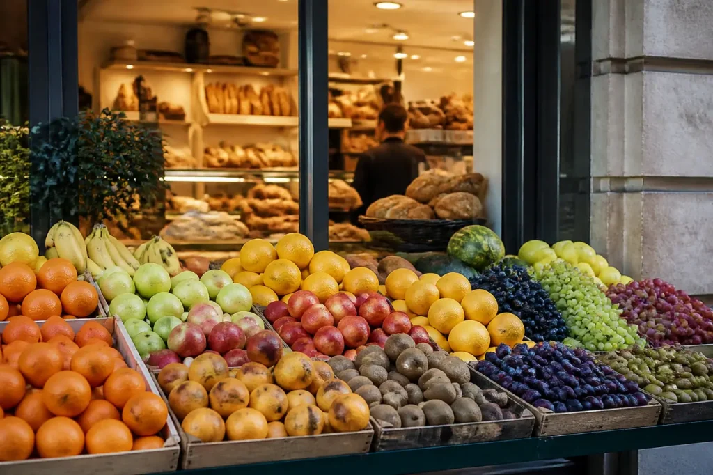 Etal de fruits colores devant une boulangerie de quartier