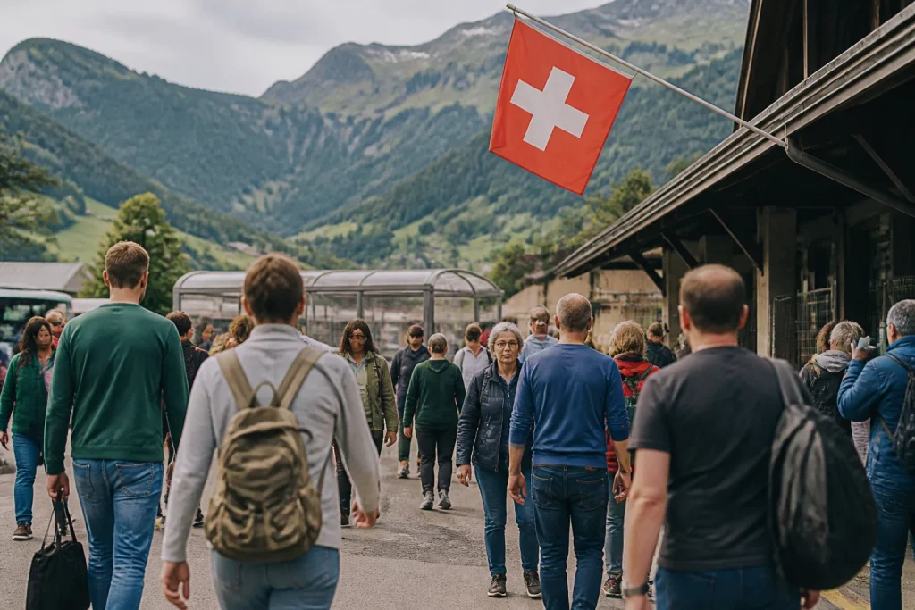 Groupe de passants devant une gare avec drapeau suisse