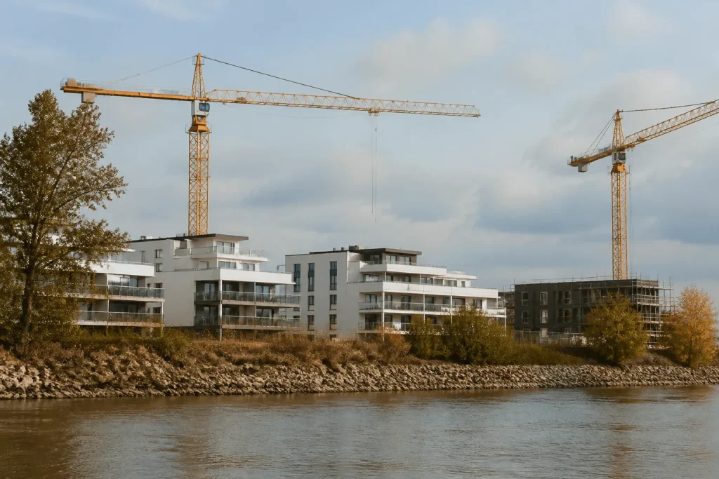 Grues et immeubles neufs au bord du fleuve