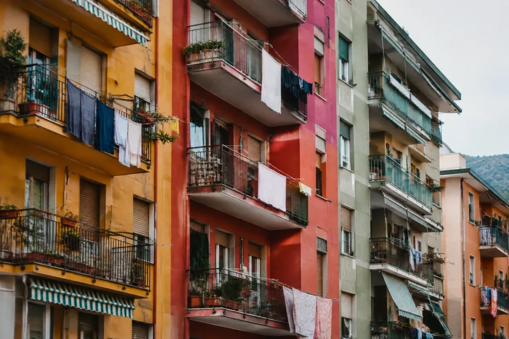 Grands immeubles colores avec balcons et linge suspendu