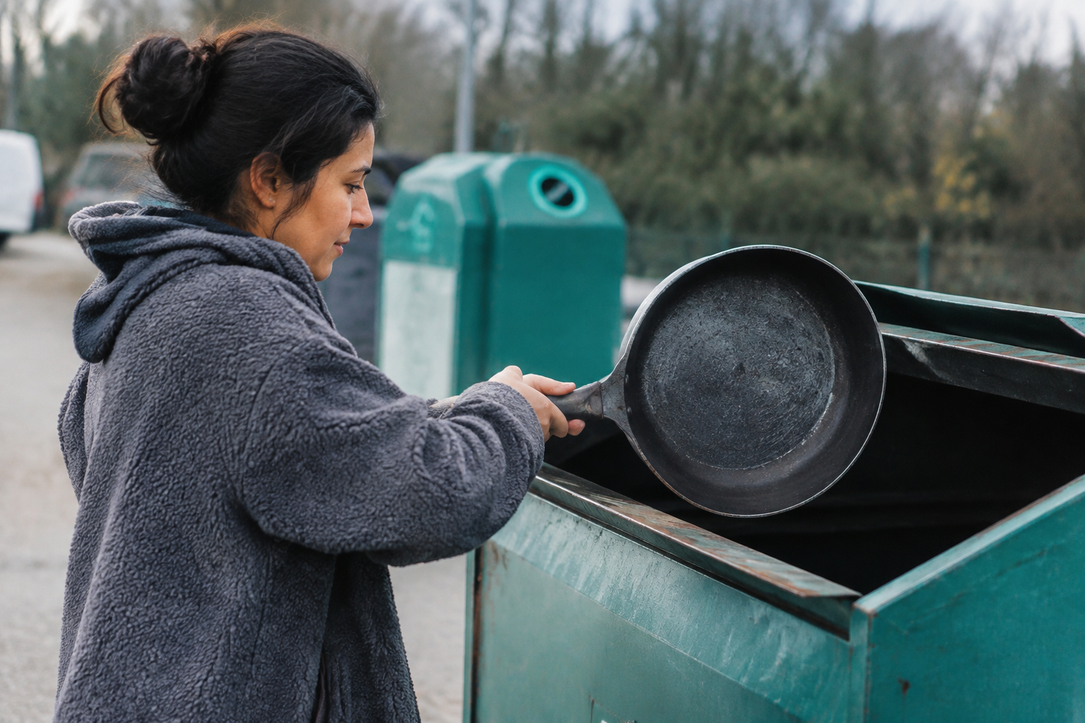 Main deposant poele dans bac recyclage metal
