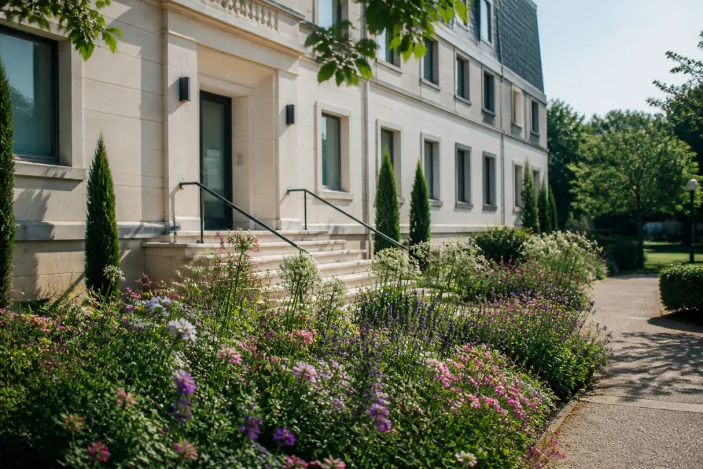 Mairie de quartier et jardin public fleuri