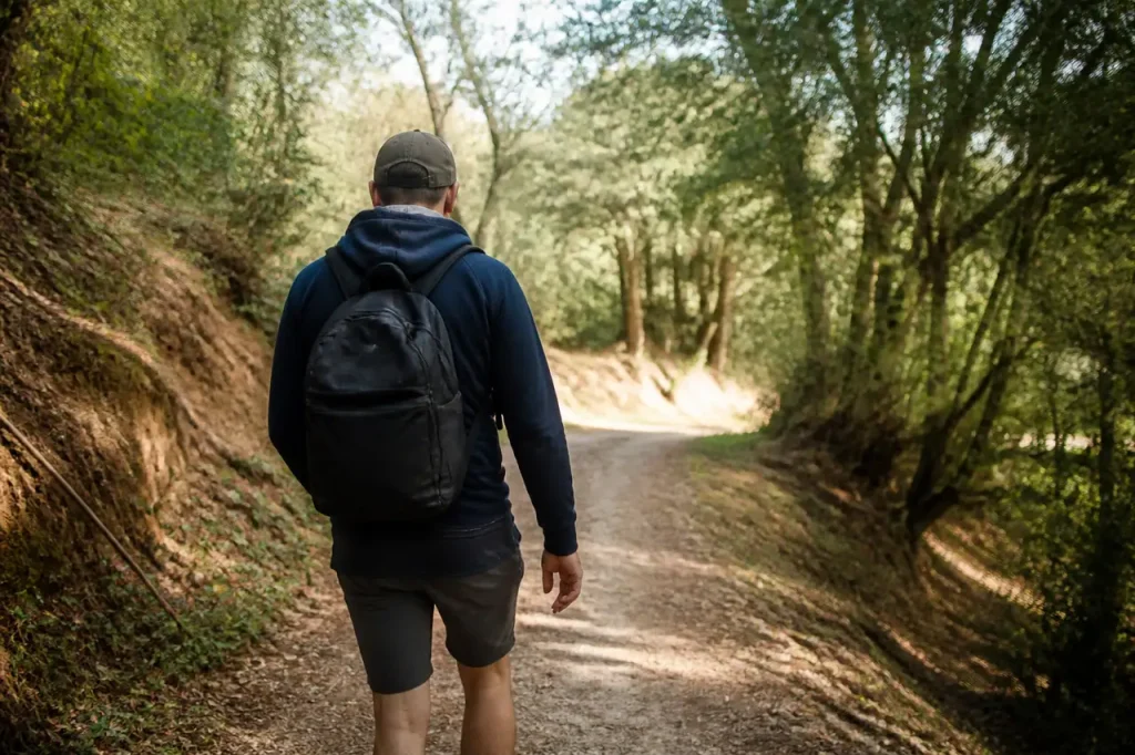Marcheur avec sac a dos sur chemin de terre