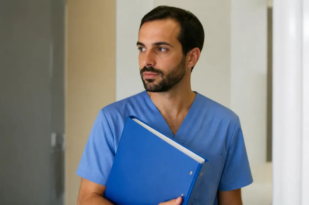 Medecin en blouse bleue tenant un classeur