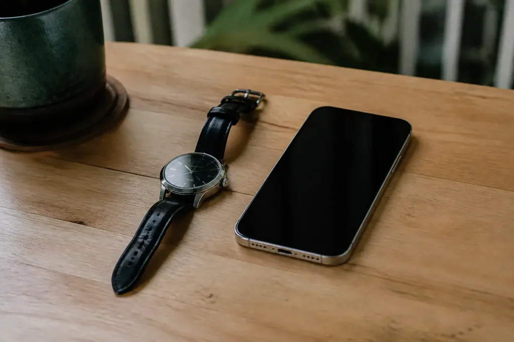 Montre et smartphone sur une table en bois clair