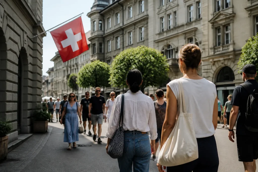 Passants dans une rue avec drapeau suisse