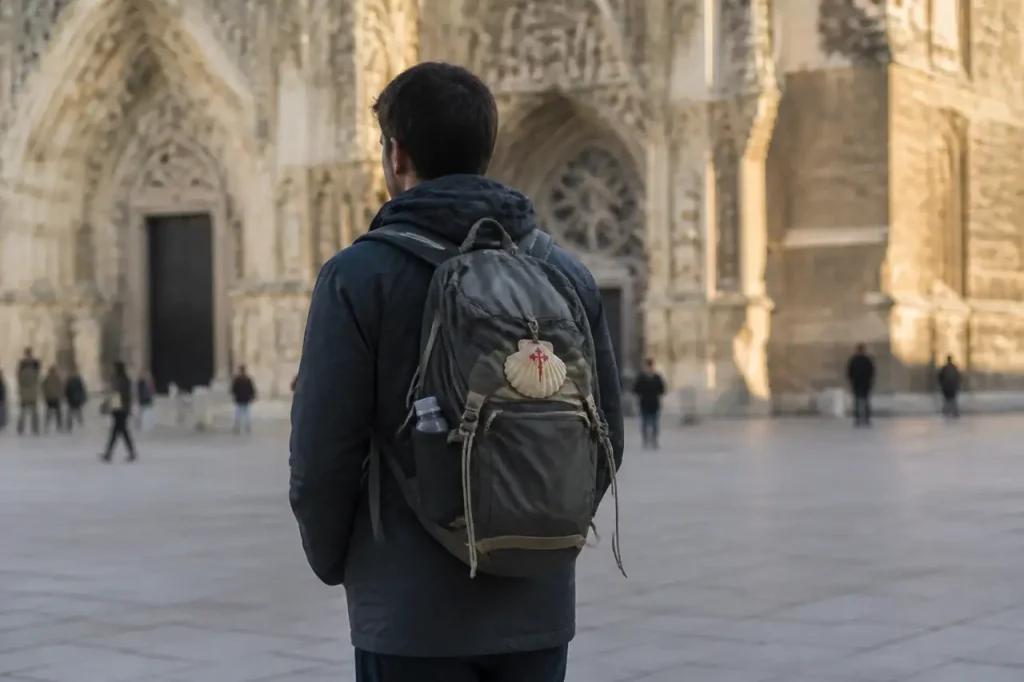 Pelerin au sac a dos devant la cathedrale