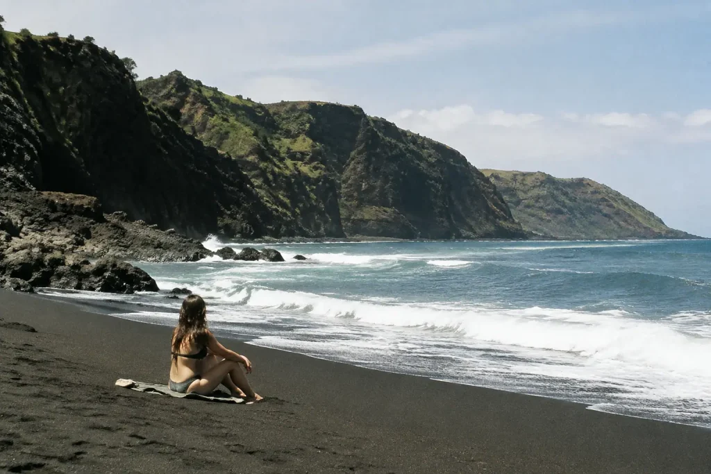 Plage de sable noir, falaises volcaniques au fond
