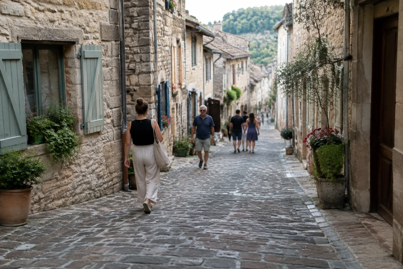 Rue pavee bordee de maisons en pierre avec passants
