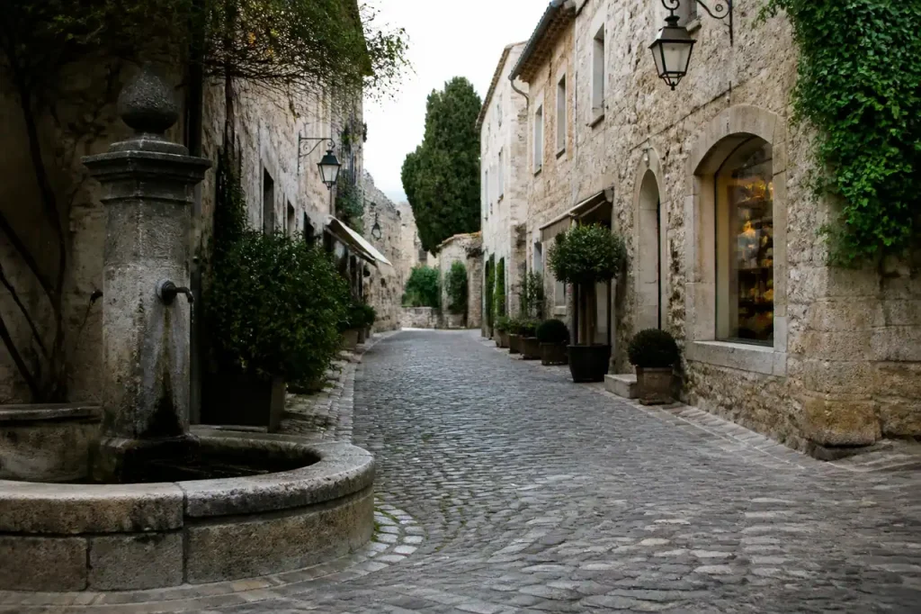 Ruelles pavees bordees de boutiques et fontaine ancienne
