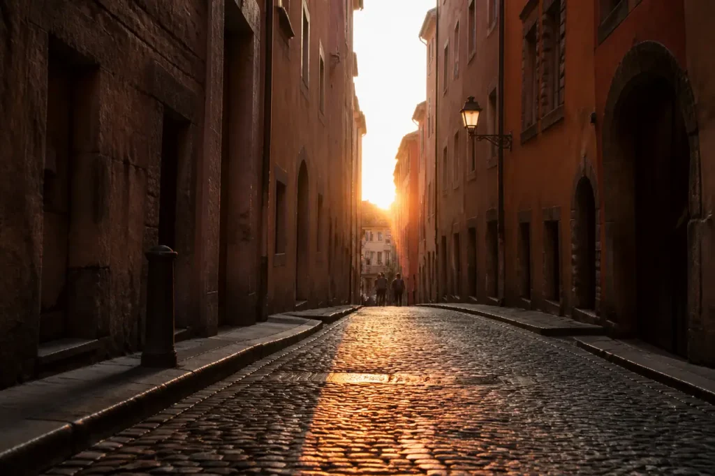 Ruelles pavees du Vieux-Lyon au coucher du soleil