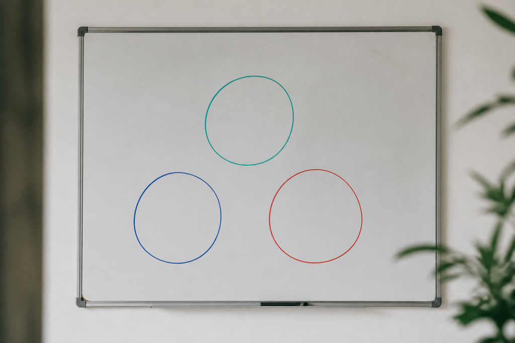 Trois cercles colores dessines sur un tableau blanc