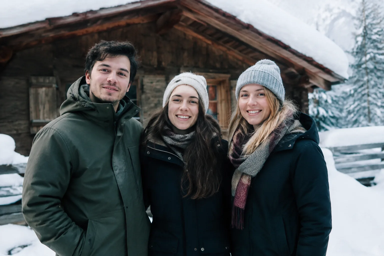 Trois personnes debout devant un chalet enneige