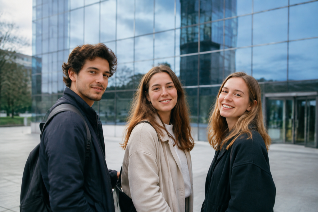 Trois personnes debout devant une tour vitree