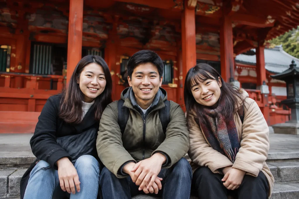 trois personnes souriantes assises devant un temple rouge
