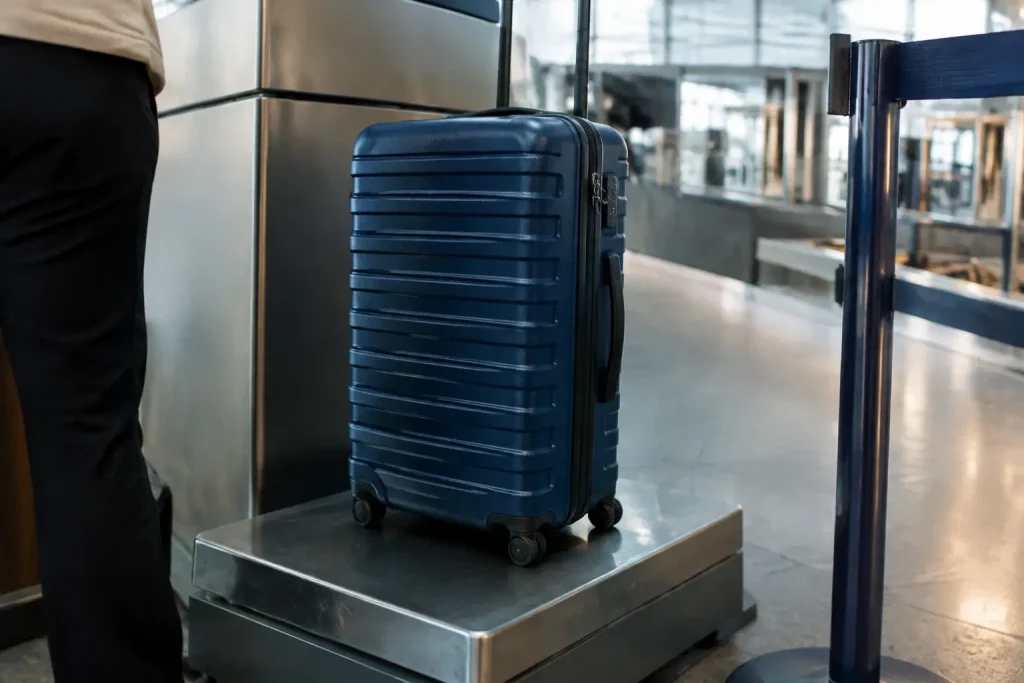 Valise cabine posée sur une balance dans un aéroport