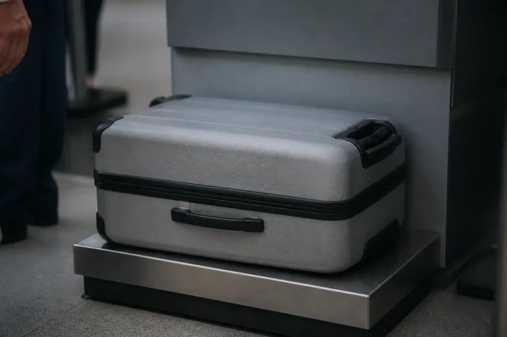 Valise grise rigide posee sur une balance aeroport