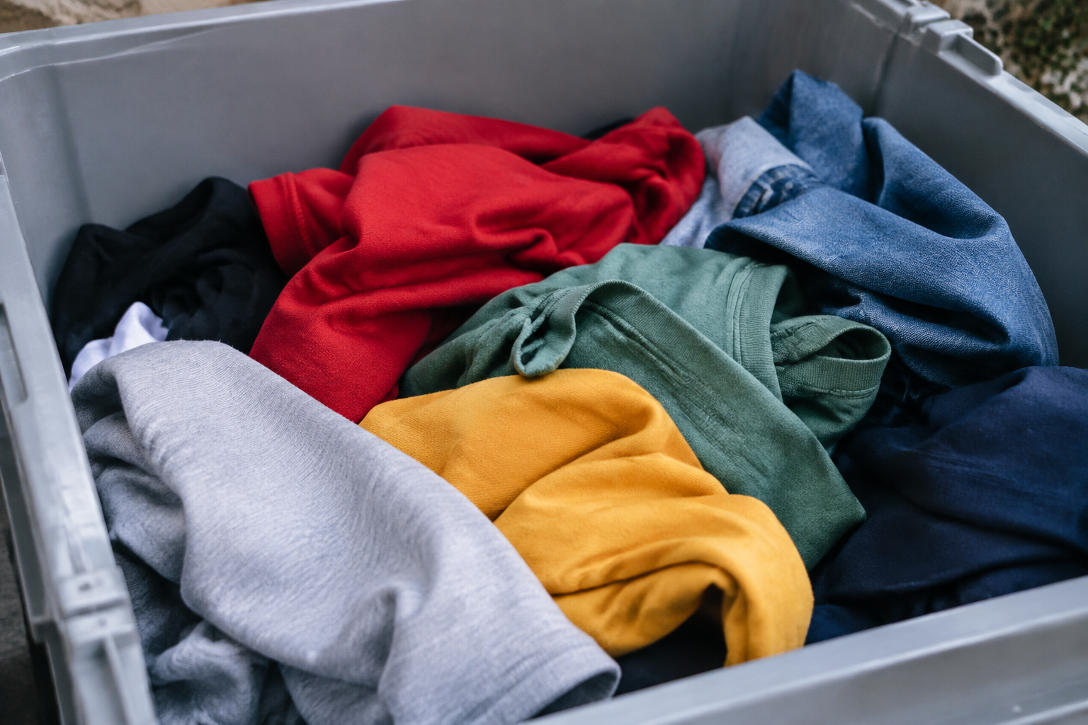vetements colores empiles dans bac gris de recyclage