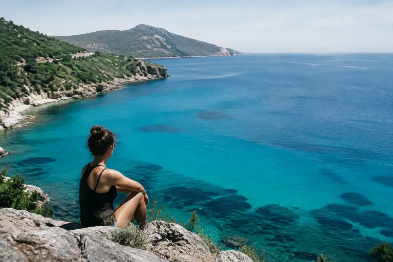 Vue sur une baie turquoise depuis une falaise rocheuse